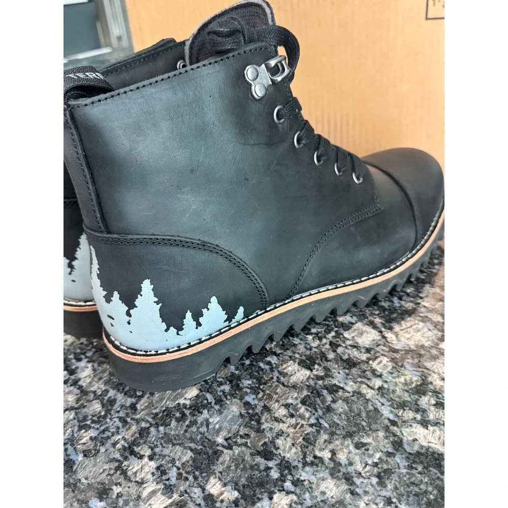 Territory Mens Black Leather Boots Pine Tree Graphic Cap Toe Lace Up Size‎ 10